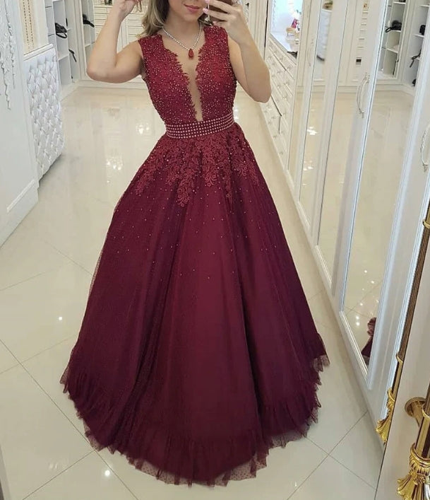 Luolandi Unique Tulle Jewel Appliqued A-line Evening Dresses With Pearls Floor Length Prom Dresses